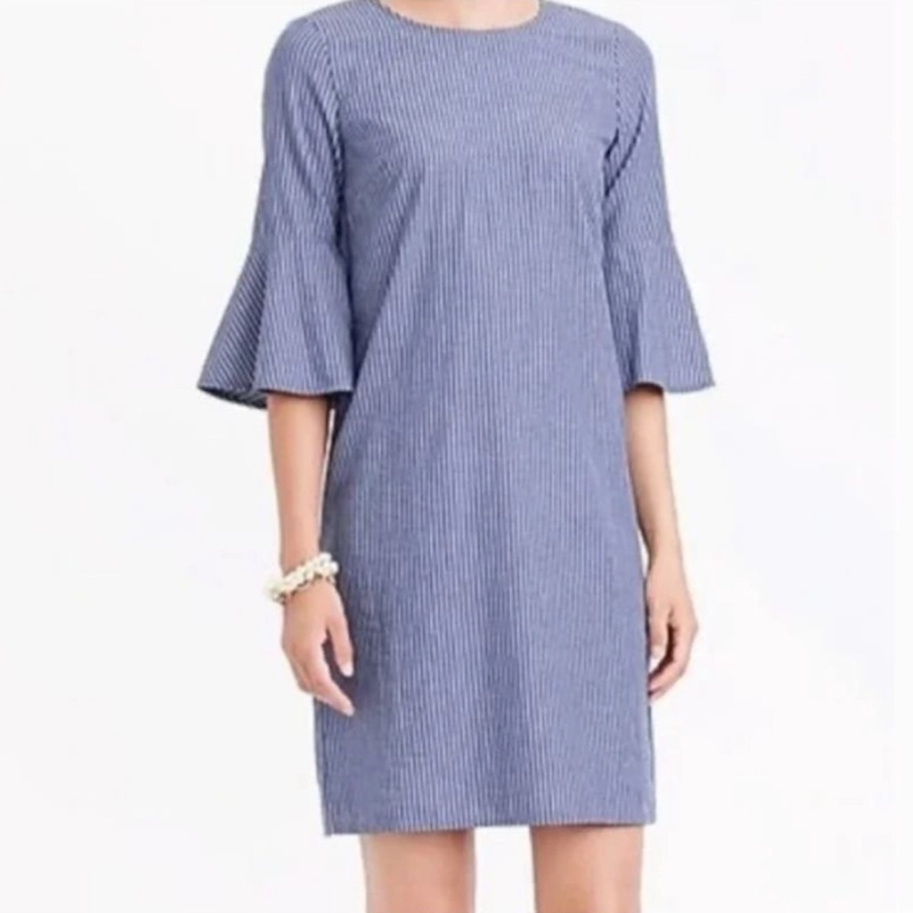 J. CREW Women's Blue & White Pin Striped Bell Quarter Sleeve Cotton Shift Dress